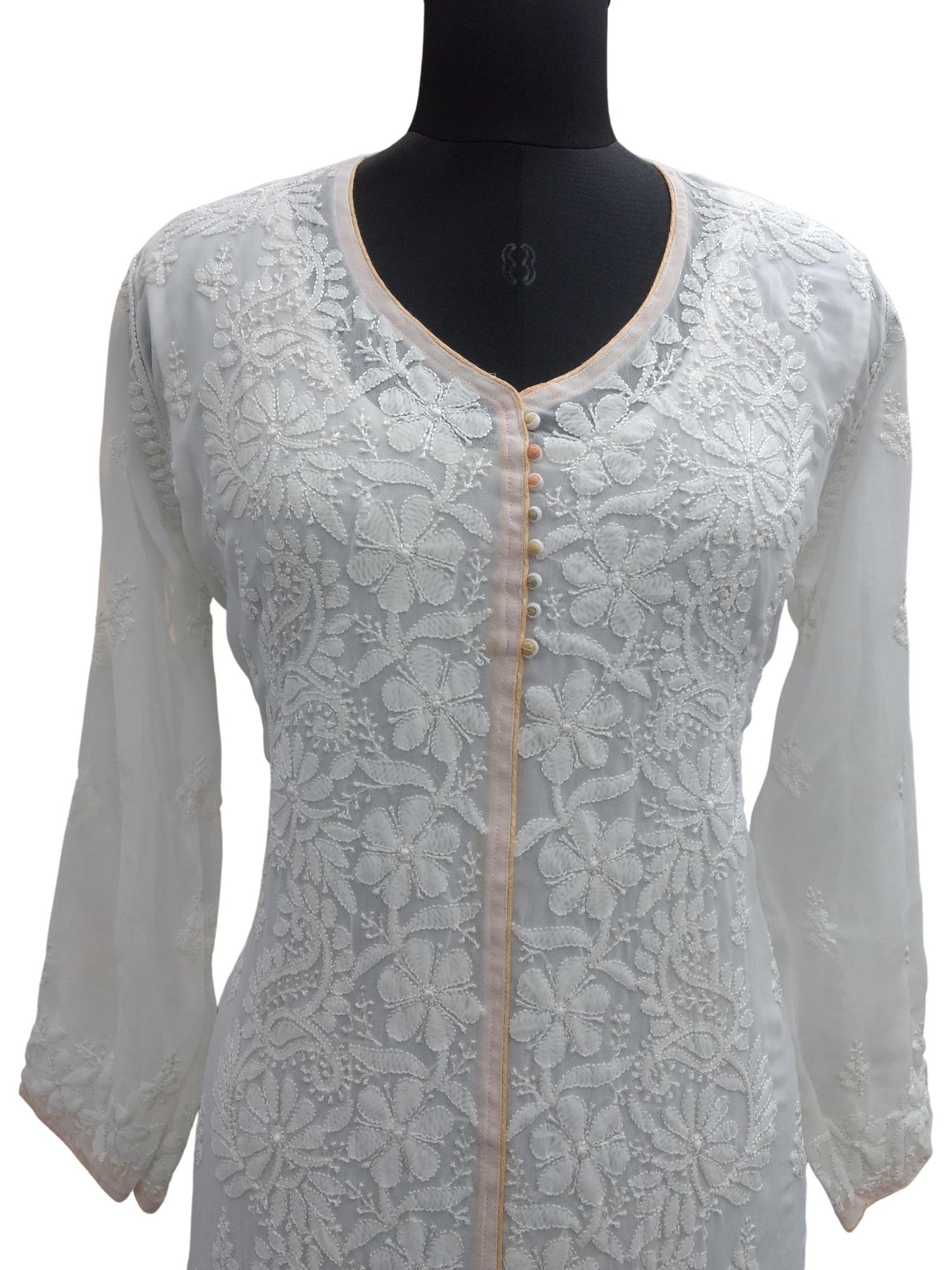 Shyamal Chikan Hand Embroidered White Georgette Lucknowi Chikankari Kurti - S8166