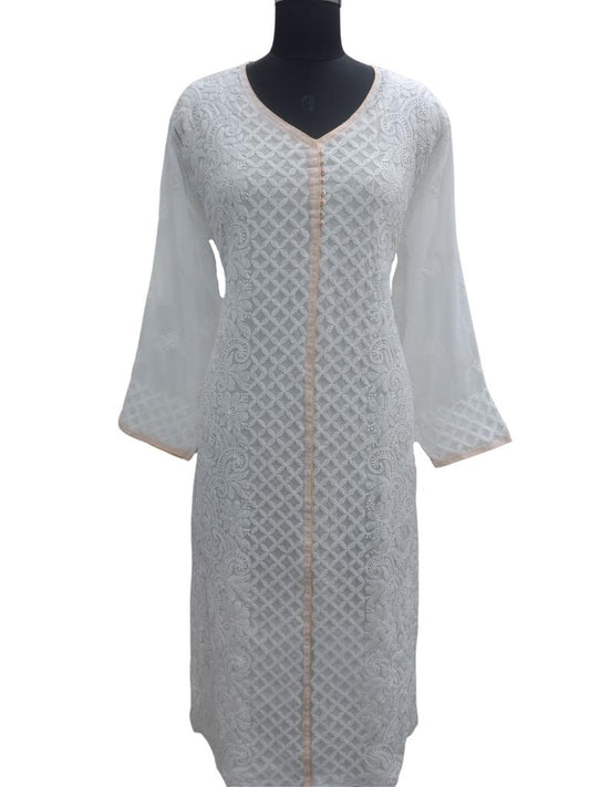 Shyamal Chikan Hand Embroidered White Georgette Lucknowi Chikankari Kurti - S8115