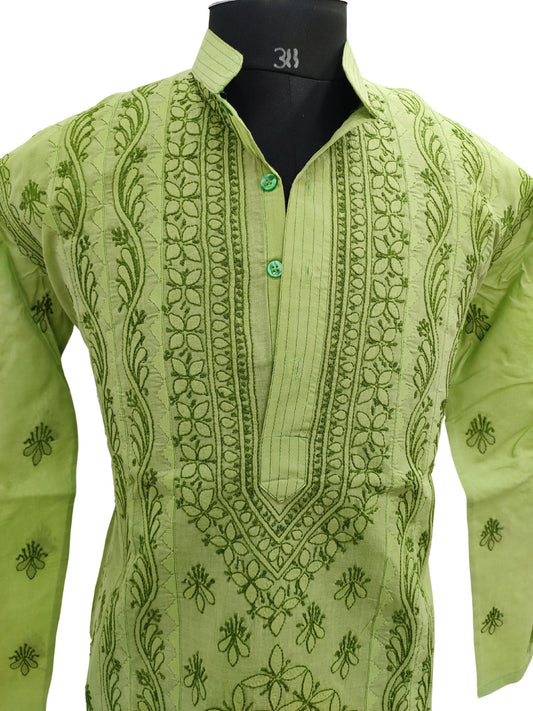 Shyamal Chikan Hand Embroidered Green Cotton Lucknowi Chikankari Men's Kurta With Daraz Work – S13065