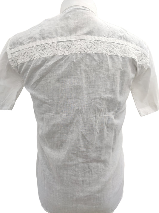 Shyamal Chikan Hand Embroidered White Cotton Lucknowi Chikankari Men's Shirt – S12488