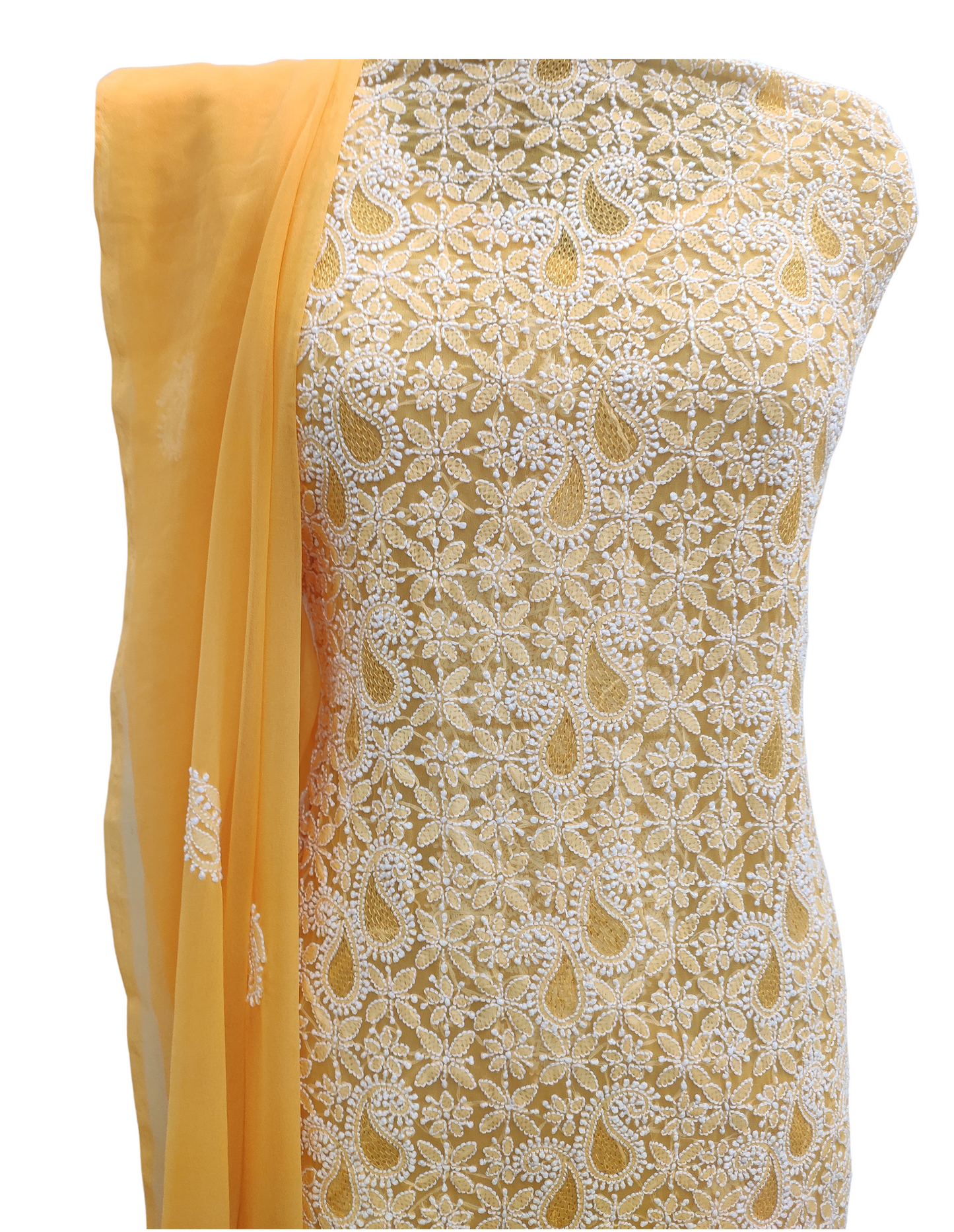 Shyamal Chikan Hand Embroidered Orange Georgette Lucknowi Chikankari Unstitched Suit Piece With Jaali Work - S10717 - Shyamal Chikan