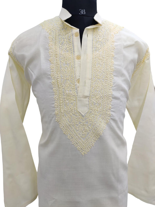 Shyamal Chikan Hand Embroidered Lemon Cotton Lucknowi Chikankari Men's Kurta – S18578