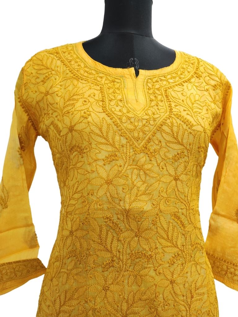 Shyamal Chikan Hand Embroidered Golden Yellow Pure Tusser Silk Lucknowi Chikankari Short Top - S15225