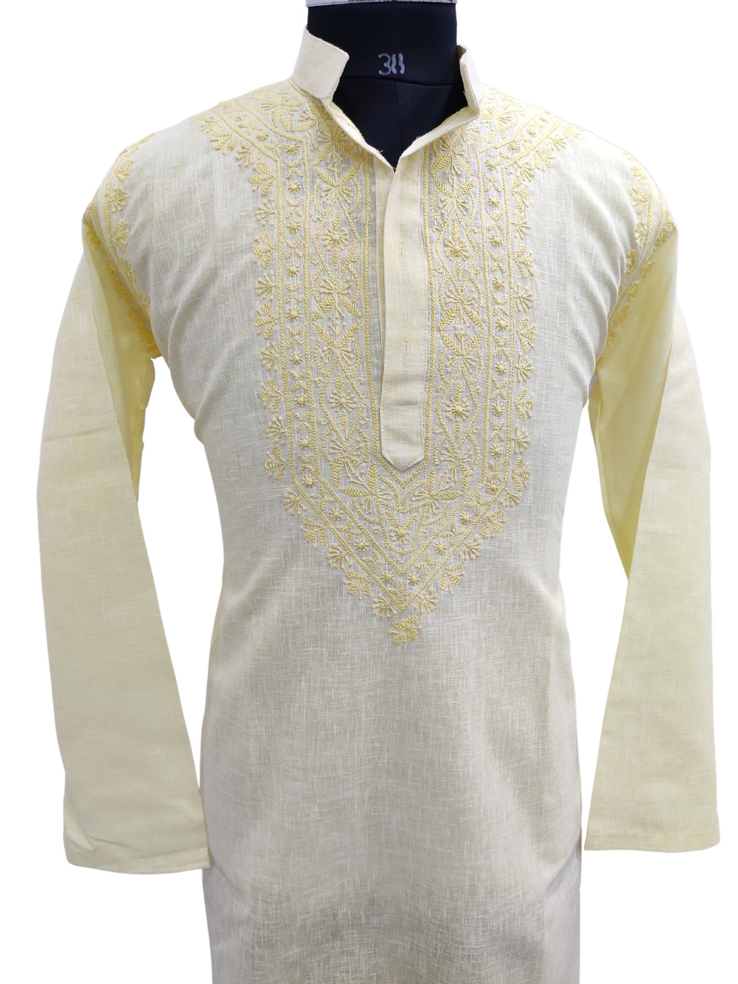 Shyamal Chikan Hand Embroidered Lemon Cotton Lucknowi Chikankari Men's Kurta – S19016