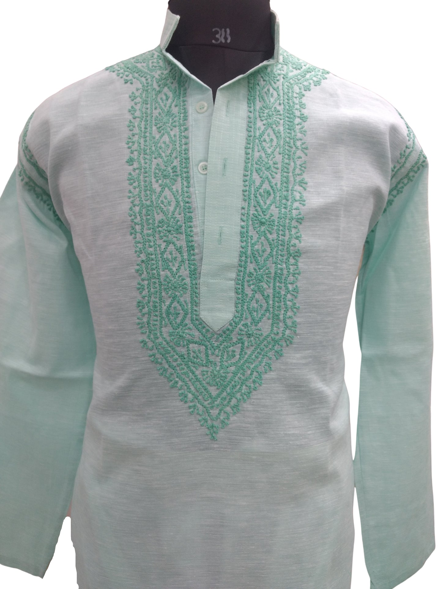 Shyamal Chikan Hand Embroidered Green Cotton Lucknowi Chikankari Men's Kurta – S6903