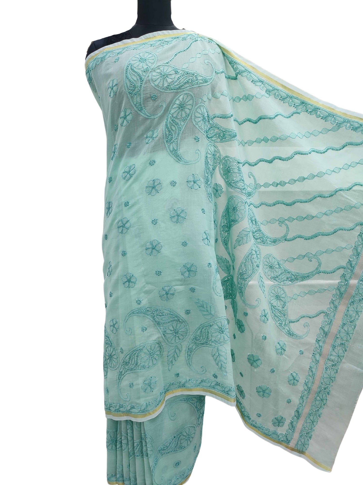 Shyamal Chikan Hand Embroidered Sea Green Cotton Lucknowi Chikankari Skirt Saree With Blouse Piece - S11938