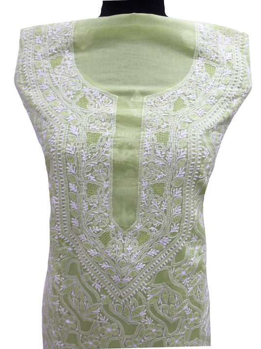 Shyamal Chikan Hand Embroidered Green Cotton Lucknowi Chikankari Unstitched Kurta Piece - S4863