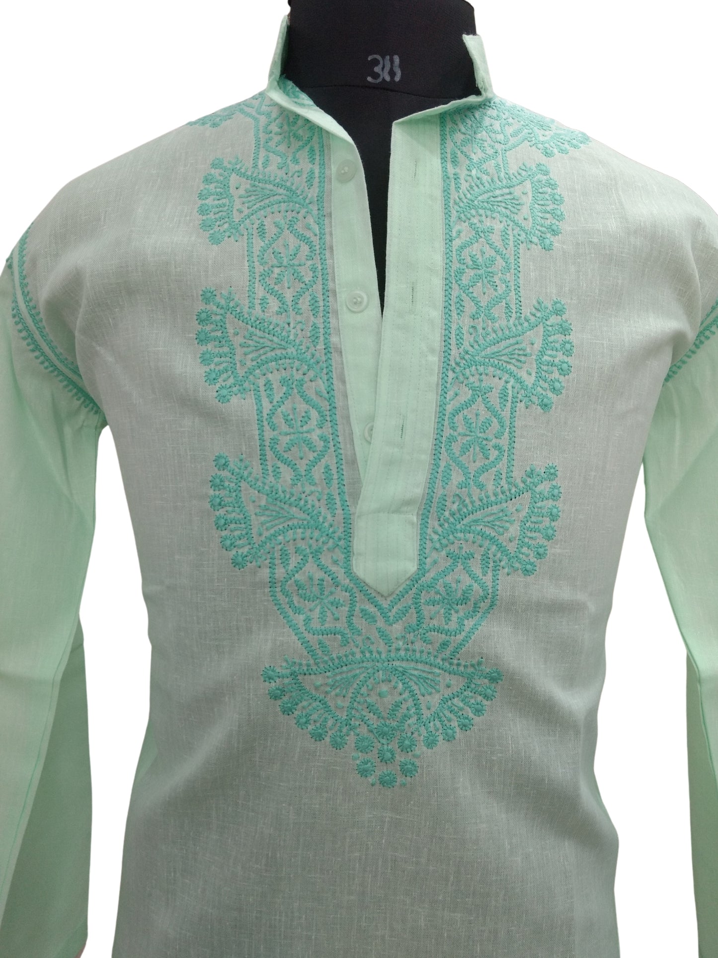 Shyamal Chikan Hand Embroidered Green Cotton Lucknowi Chikankari Men's Kurta – S6837