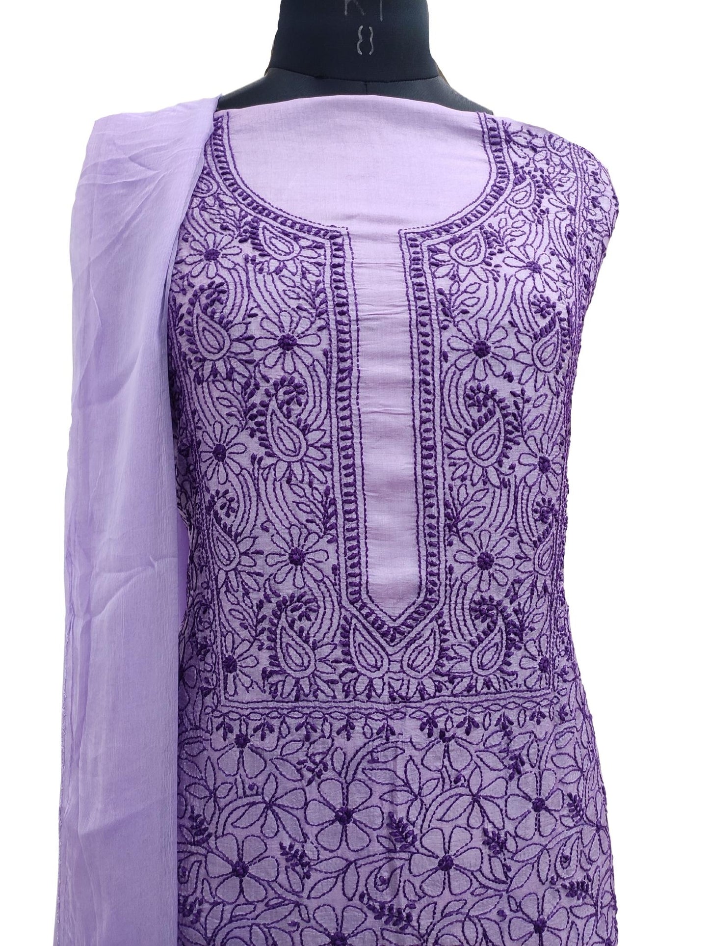 Shyamal Chikan Hand Embroidered Purple Pure Tusser Silk Lucknowi Chikankari Unstitched Suit Piece - S16875