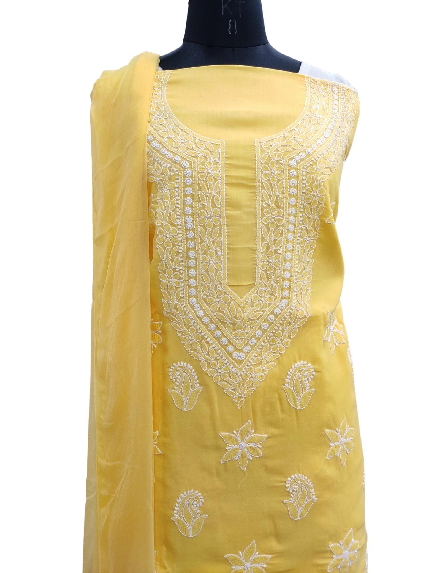Shyamal Chikan Hand Embroidered Yellow Cotton Lucknowi Chikankari Unstitched Suit Piece S19418