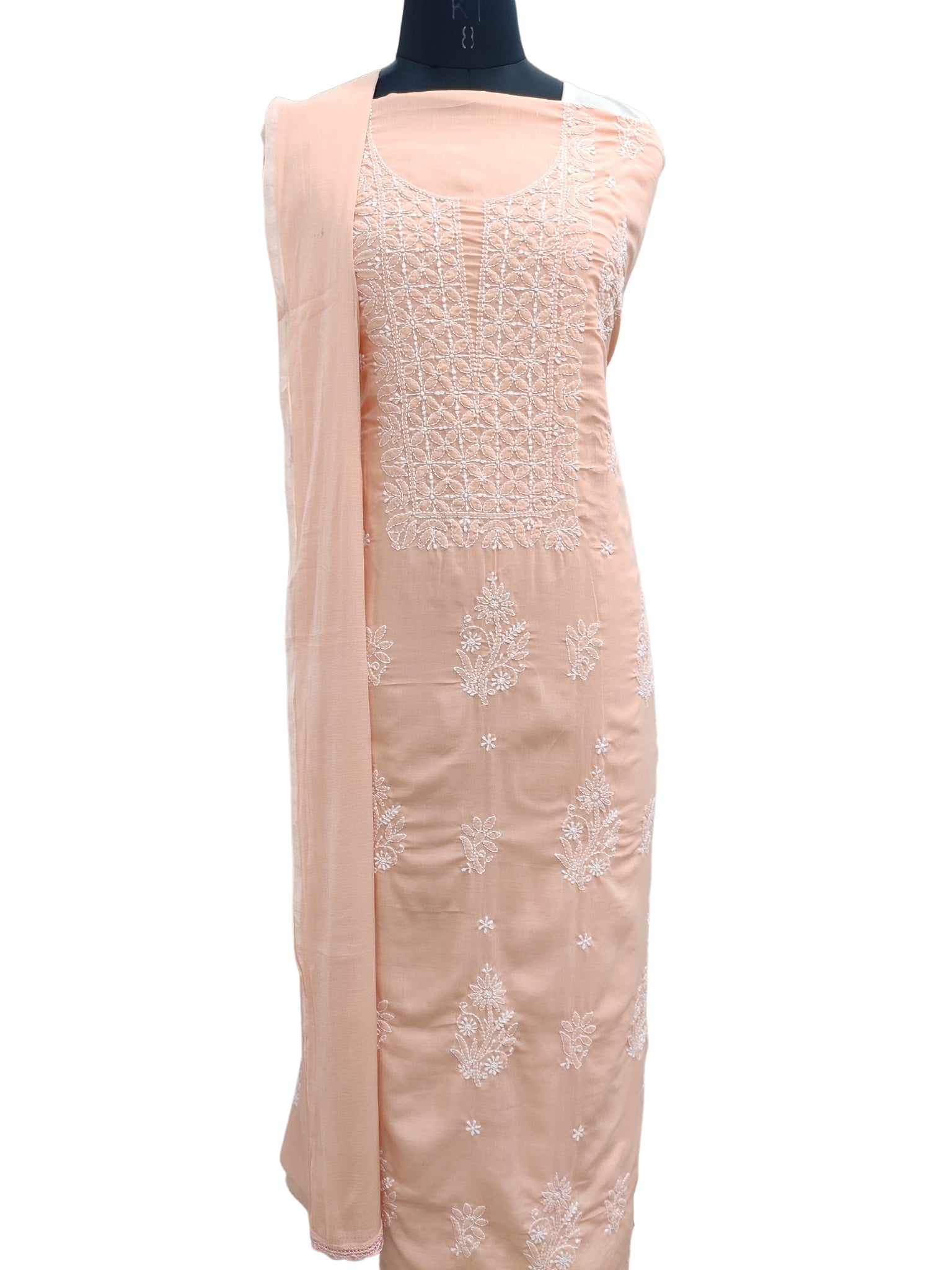 Shyamal Chikan Hand Embroidered Peach Cotton Lucknowi Chikankari Unstitched Suit Piece - S10814