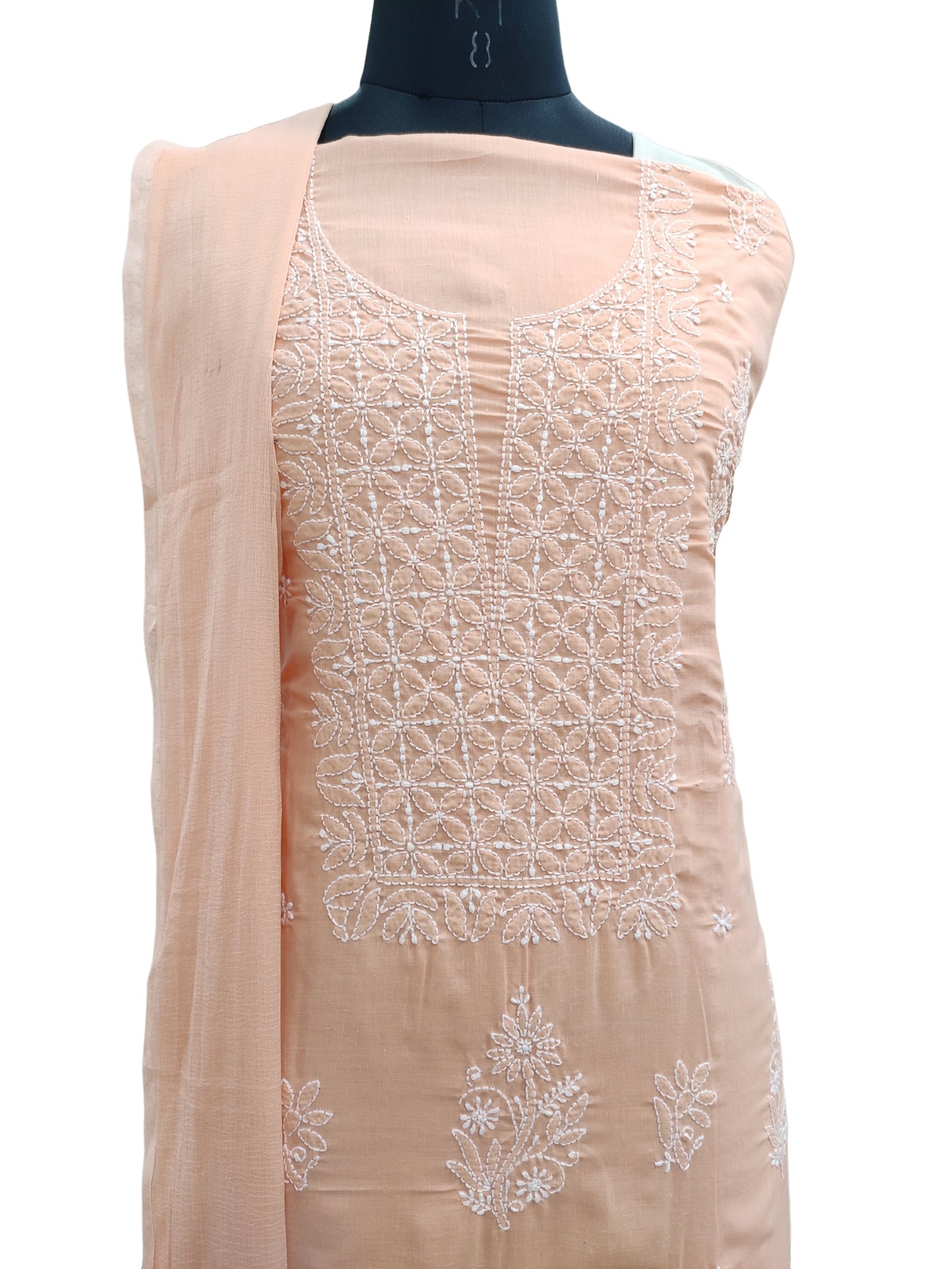 Shyamal Chikan Hand Embroidered Peach Cotton Lucknowi Chikankari Unstitched Suit Piece S10814