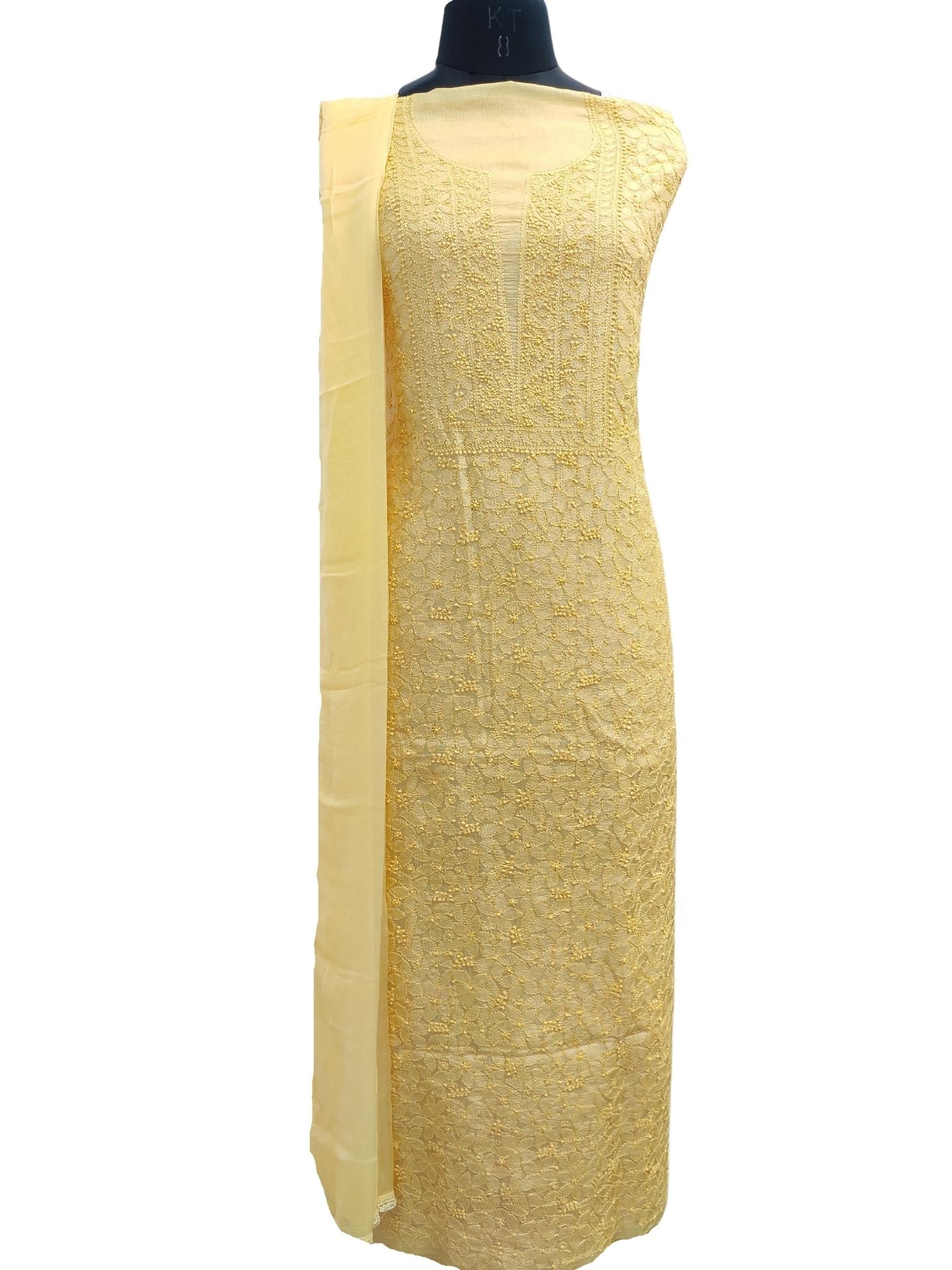 Shyamal Chikan Hand Embroidered Yellow Pure Tusser Silk Lucknowi Chikankari Unstitched Suit Piece - S16874
