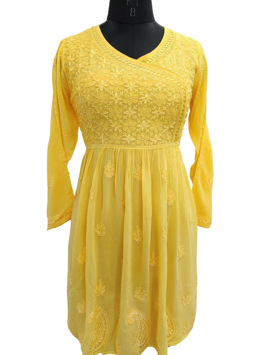 Shyamal Chikan Hand Embroidered Yellow Viscose Georgette Lucknowi Chikankari Angrakh Short Top - S17815