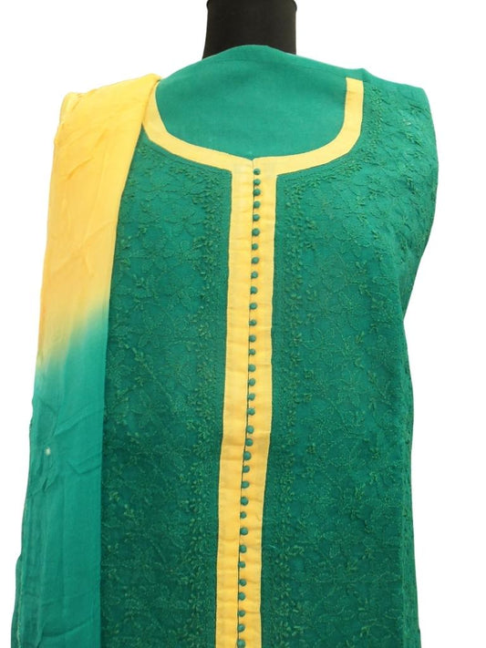 Shyamal Chikan Hand Embroidered Green Cotton Lucknowi Chikankari Unstitched Suit Piece- S2447