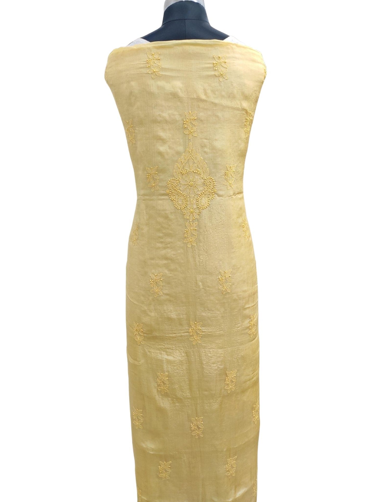 Shyamal Chikan Hand Embroidered Yellow Pure Tusser Silk Lucknowi Chikankari Unstitched Suit Piece - S16874