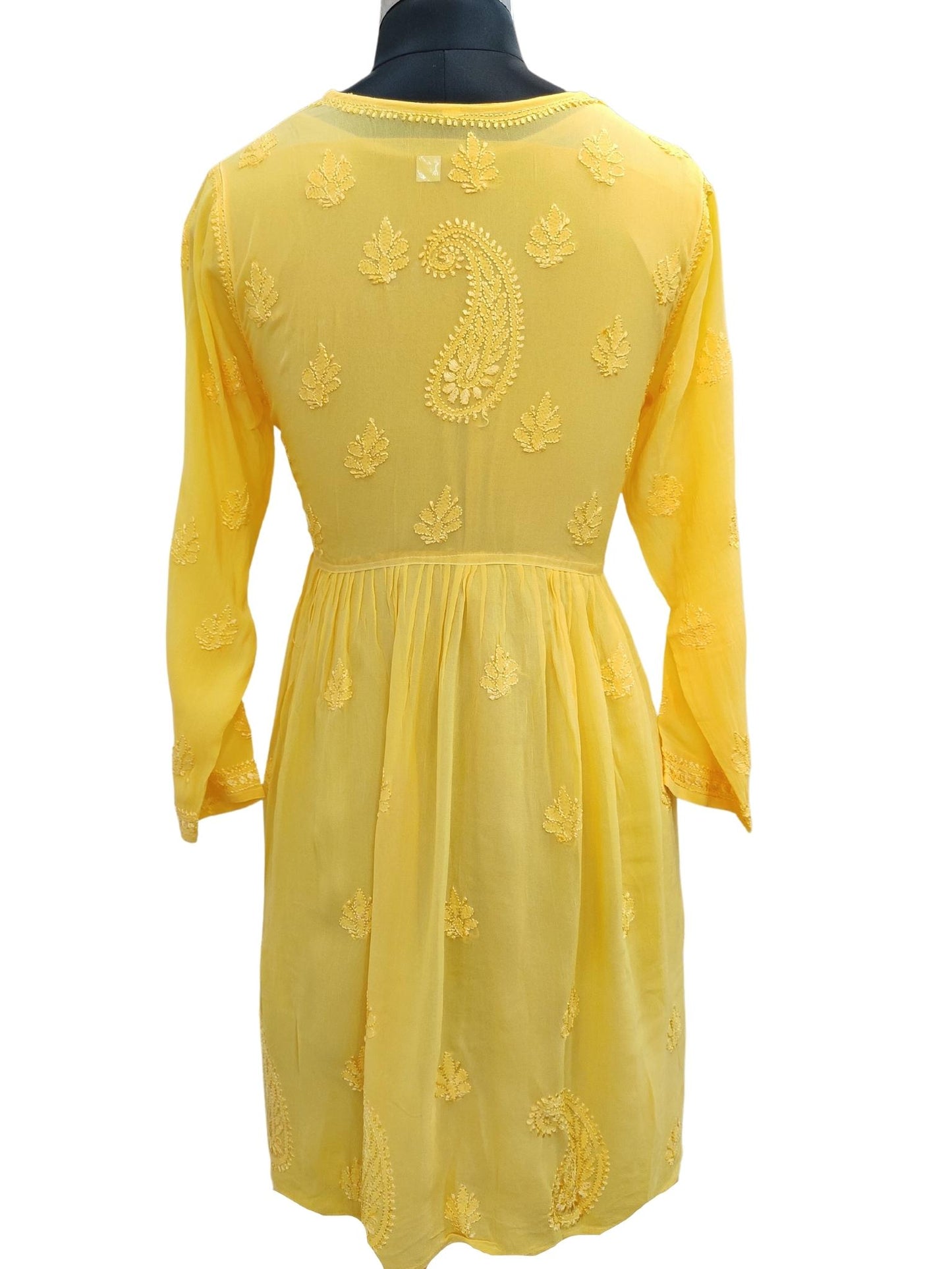 Shyamal Chikan Hand Embroidered Yellow Viscose Georgette Lucknowi Chikankari Angrakh Short Top - S17815
