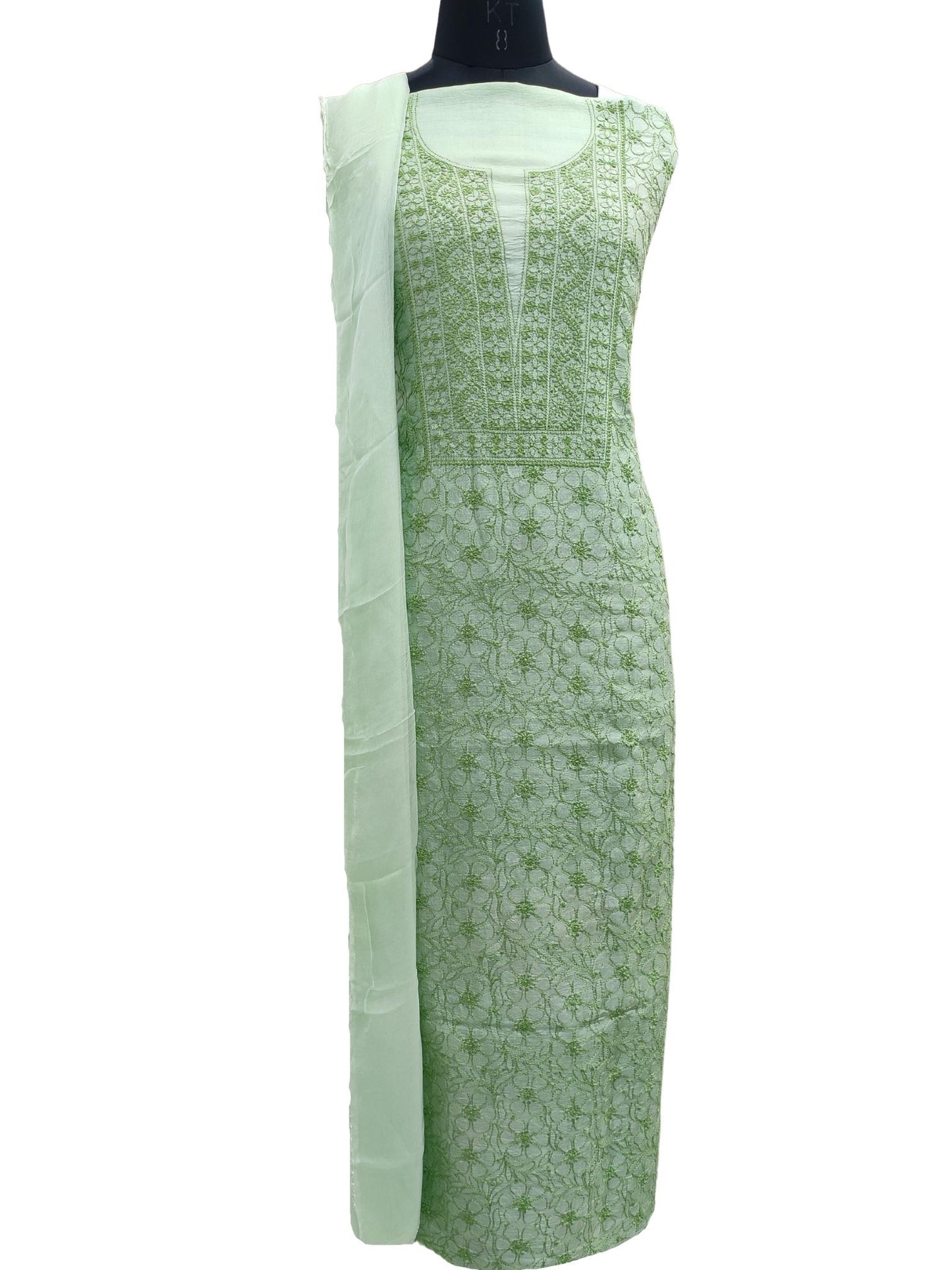 Shyamal Chikan Hand Embroidered Green Pure Tusser Silk Lucknowi Chikankari Unstitched Suit Piece - S16879