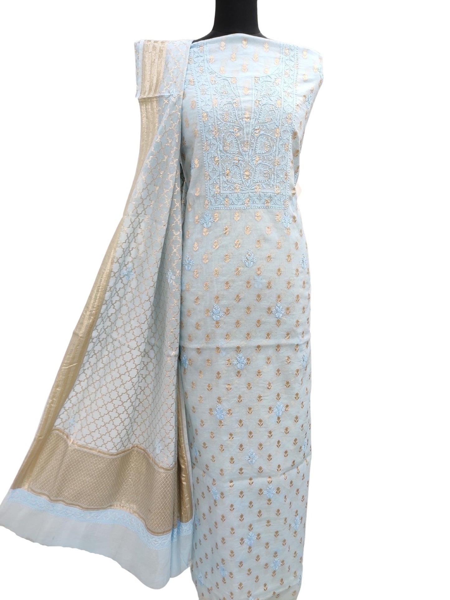 Shyamal Chikan Hand Embroidered Ice Blue Pure Chanderi Lucknowi Chikankari Unstitched Suit Piece ( Set of 2 ) - S15798