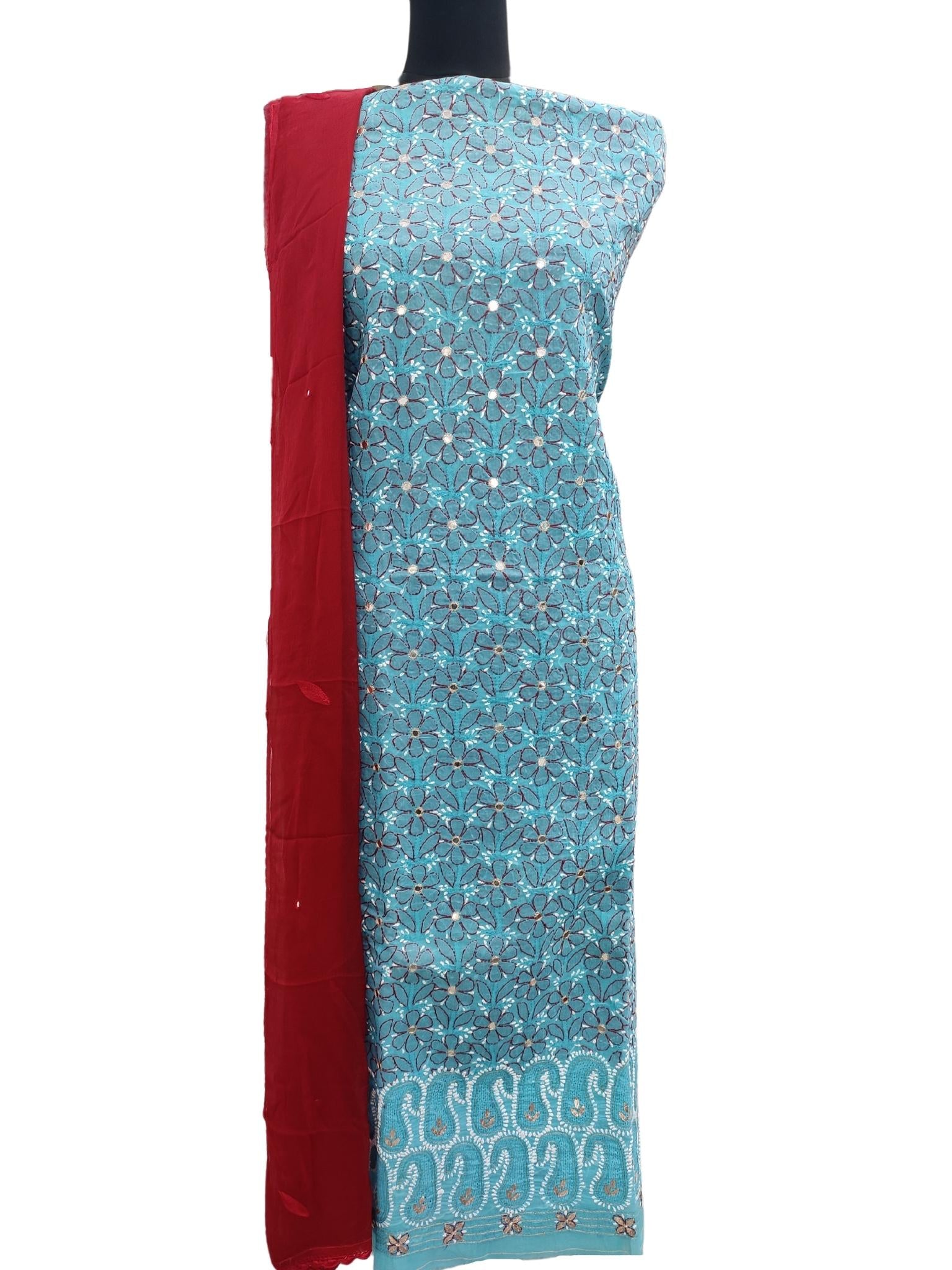 Shyamal Chikan Hand Embroidered Blue Cotton Lucknowi Chikankari Unstitched Suit Piece With Gotta Patti and Mirror Work - S16216