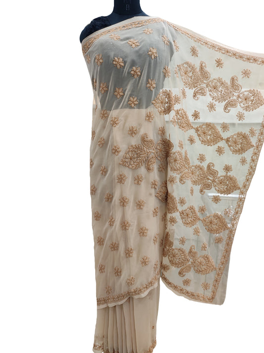 Shyamal Chikan Hand Embroidered Beige Georgette Lucknowi Chikankari Saree With Blouse Piece - S16938