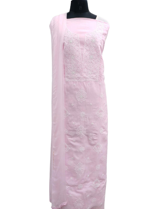 Shyamal Chikan Hand Embroidered Pink Cotton Lucknowi Chikankari Unstitched Suit Piece With Jaali Work - S19427