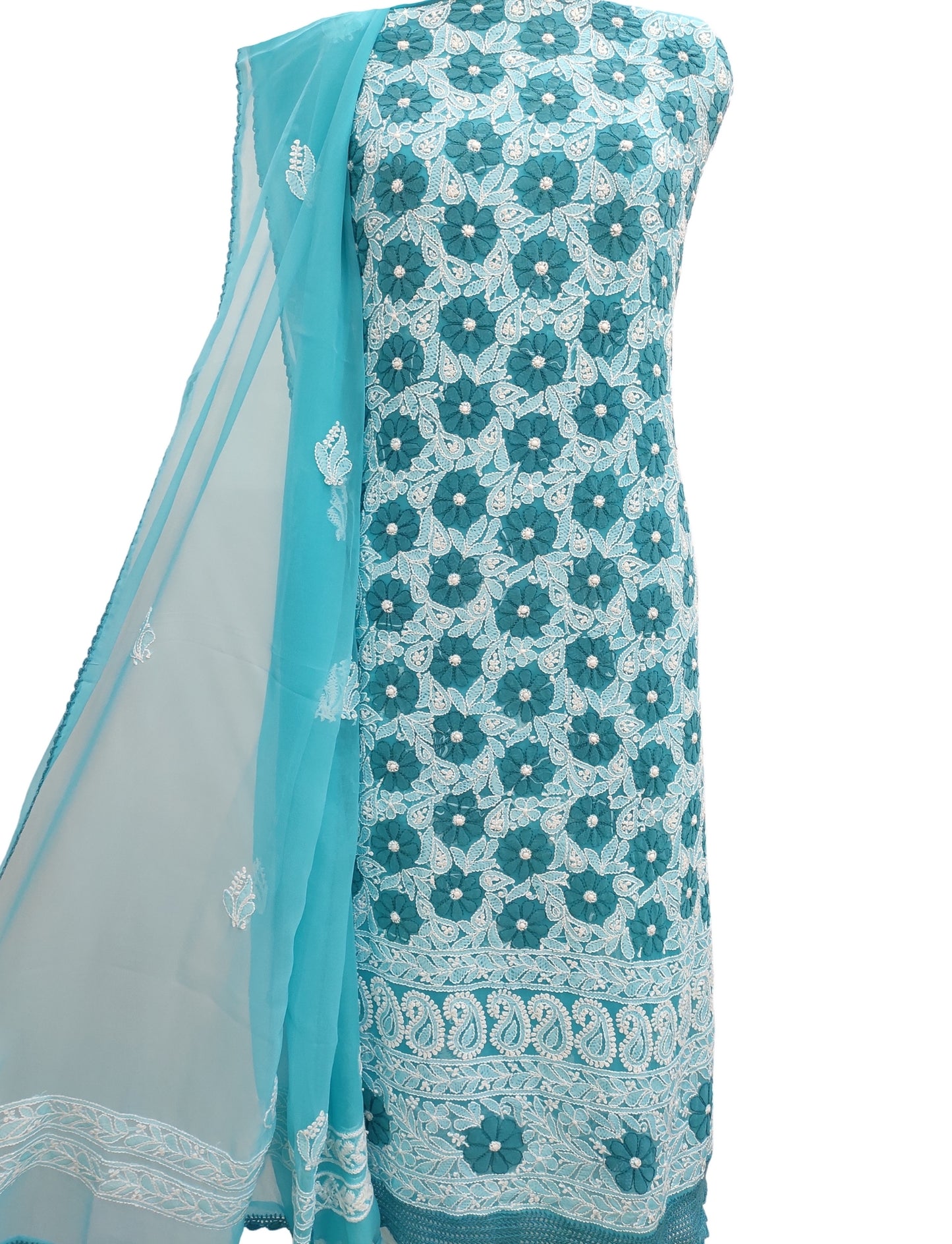 Shyamal Chikan Hand Embroidered Blue Georgette Lucknowi Chikankari Unstitched Suit Piece With Crosia Work - S10742 - Shyamal Chikan