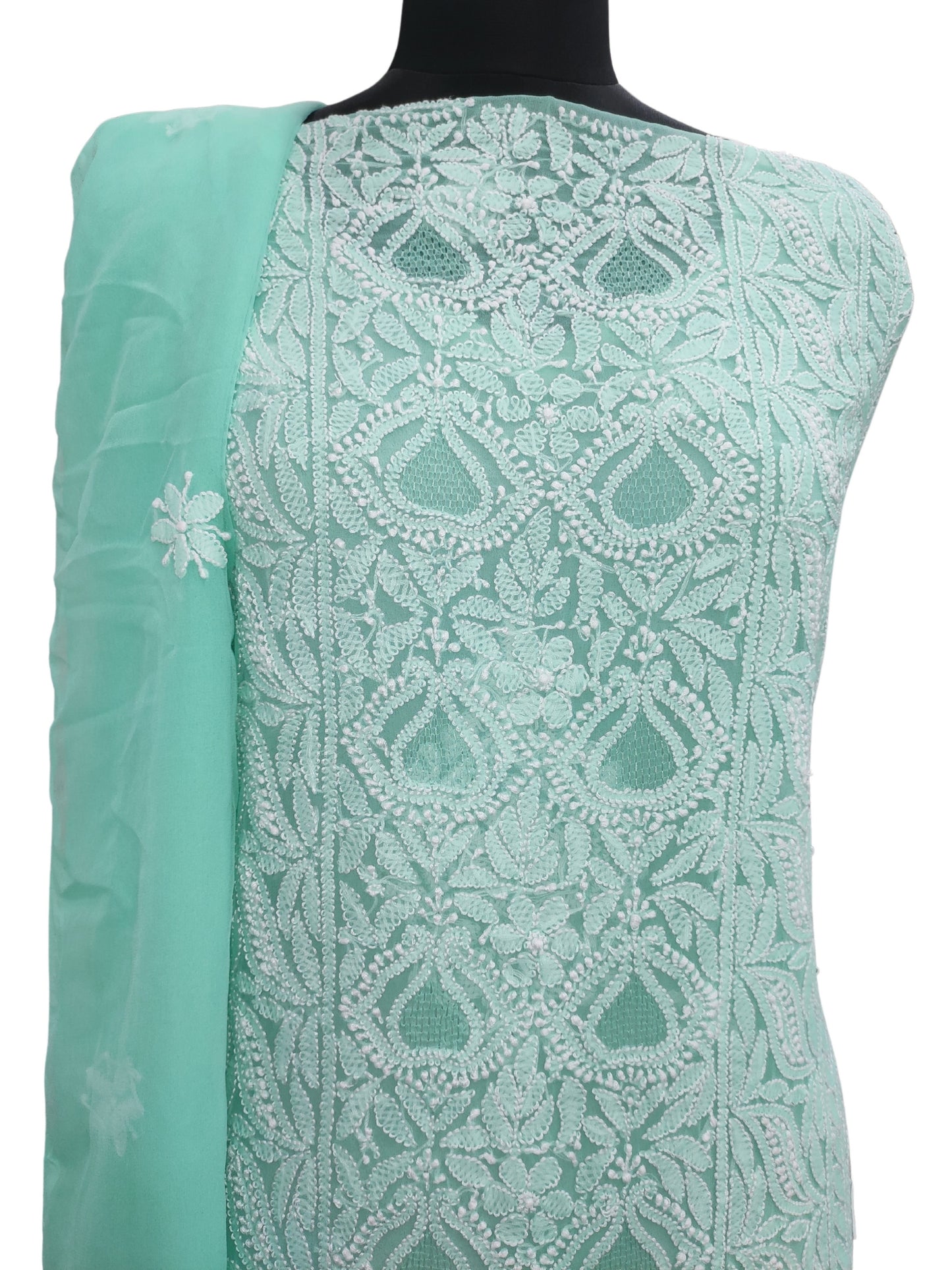 Shyamal Chikan Hand Embroidered Sea Green Georgette Lucknowi Chikankari Unstitched Suit Piece With Jaali Work- S10502