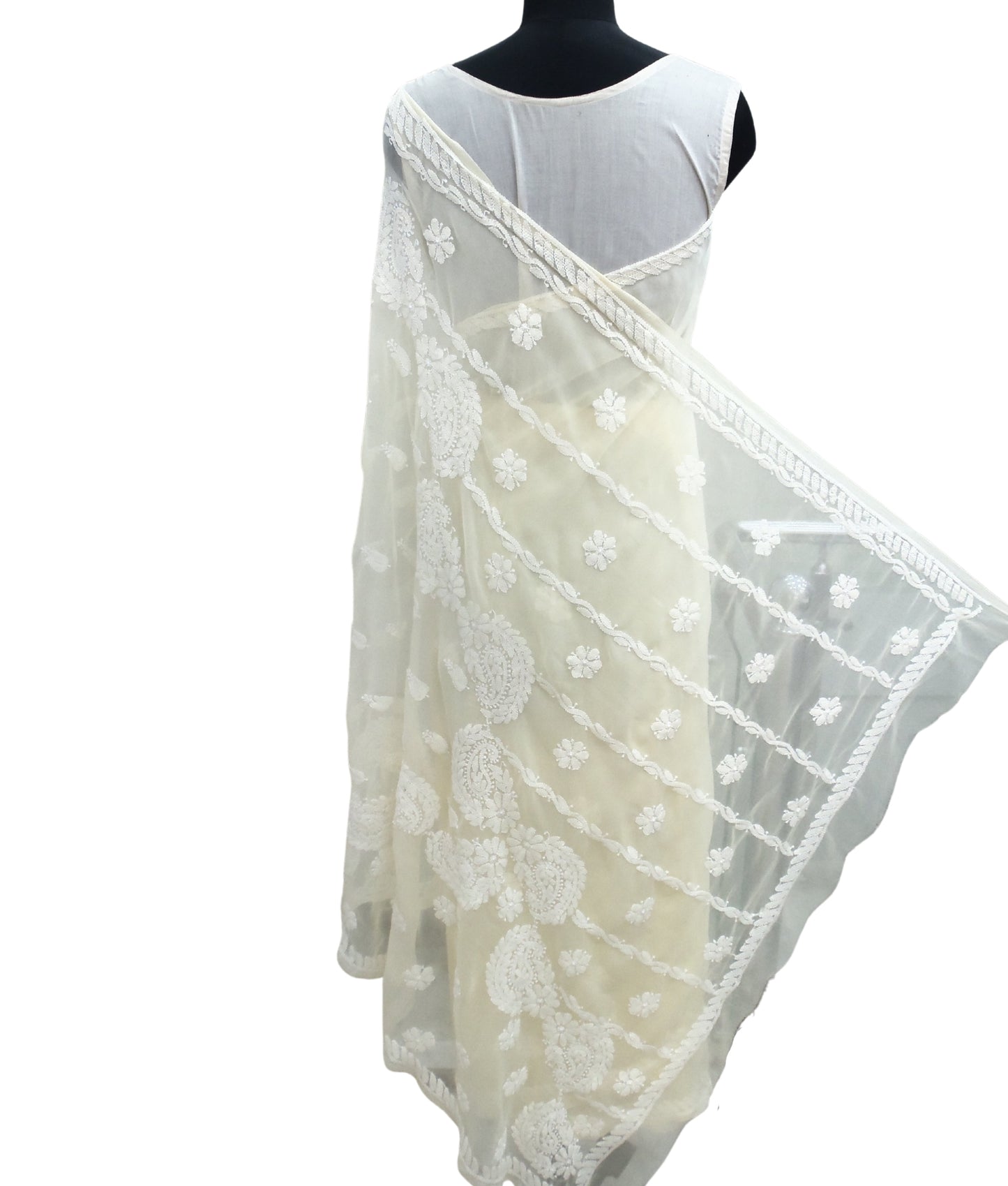 Shyamal Chikan Hand Embroidered Lemon Georgette Lucknowi Chikankari Saree With Blouse Piece - S4215
