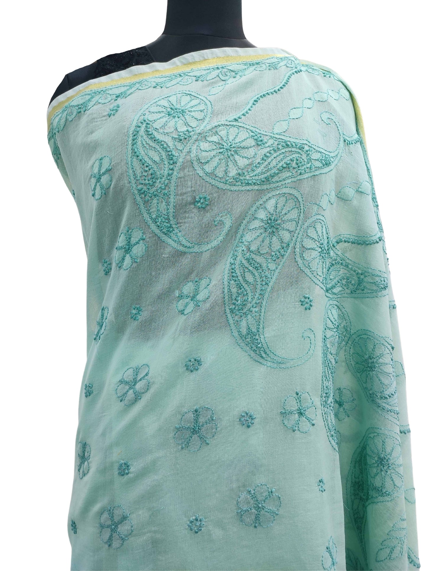 Shyamal Chikan Hand Embroidered Sea Green Chanderi Lucknowi Chikankari Skirt Saree With Blouse Piece - S11938