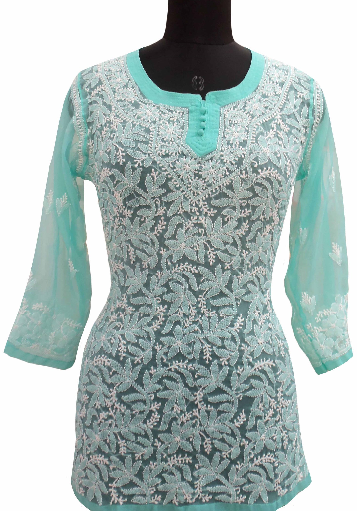 Shyamal Chikan Hand Embroidered Blue Georgette Lucknowi Chikankari Short Top- S1126