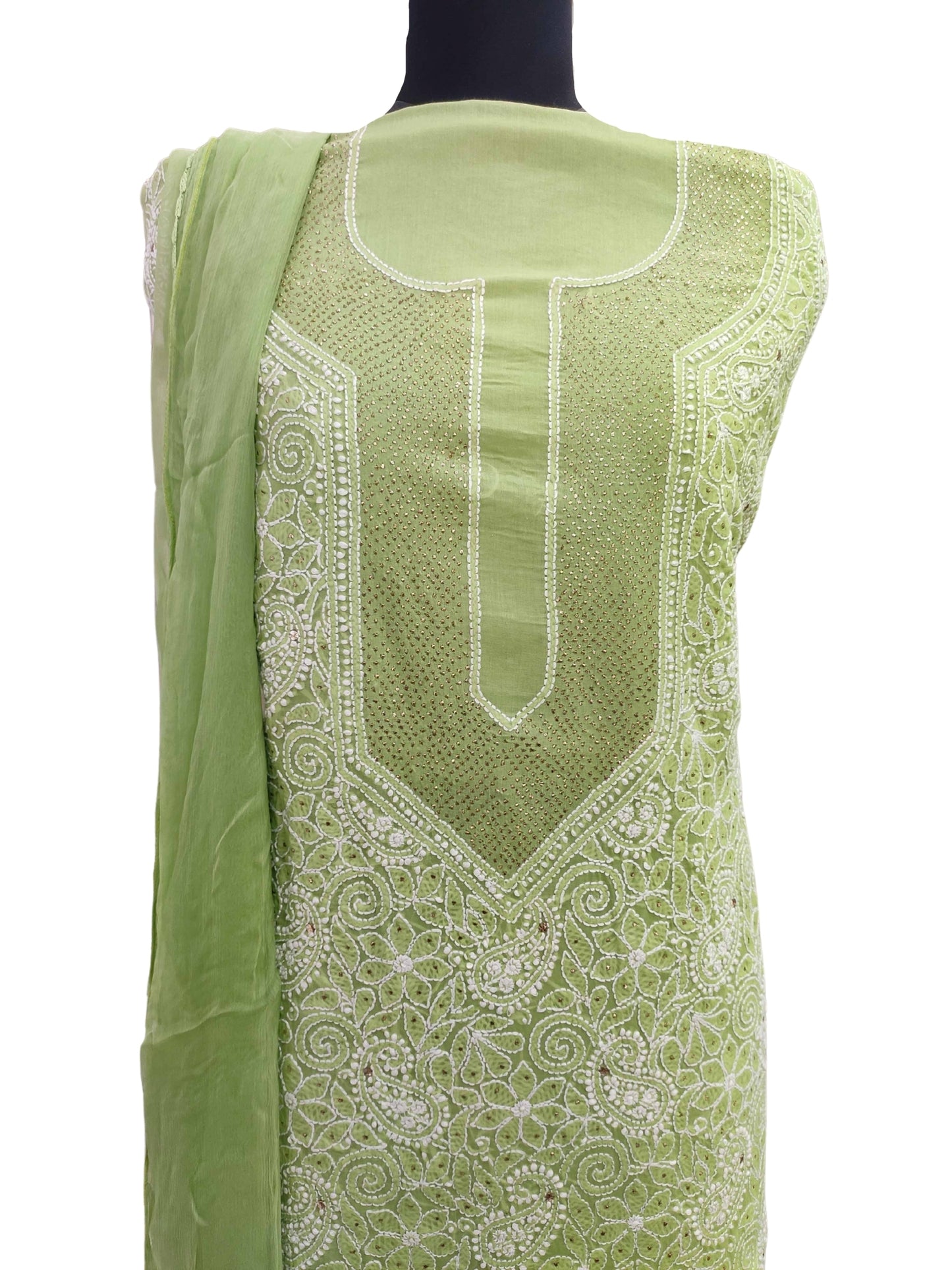 Shyamal Chikan Hand Embroidered Green Cotton Lucknowi Chikankari Unstitched Suit Piece With Mukaish Work - S11691 - Shyamal Chikan