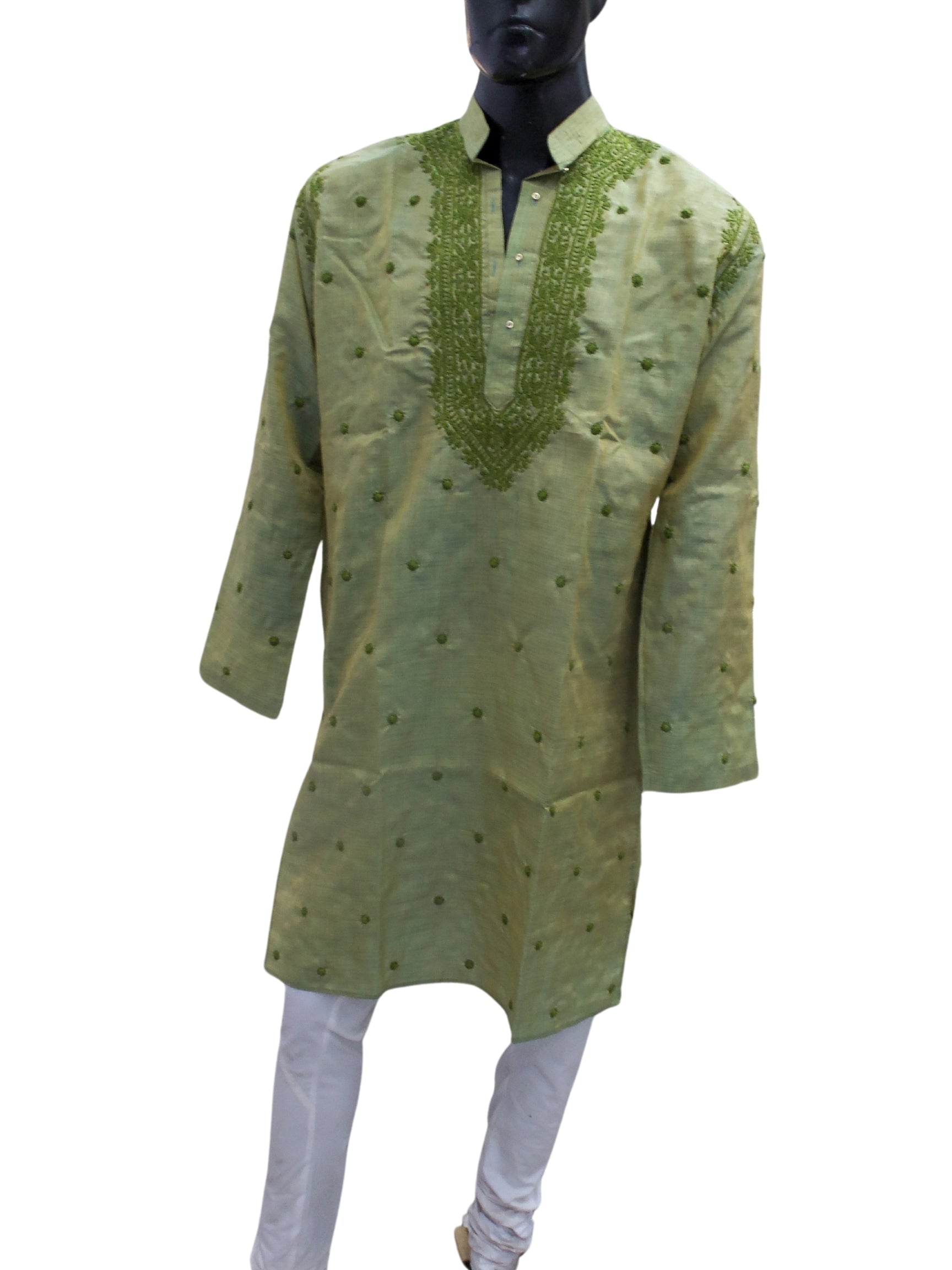 Shyamal Chikan Hand Embroidered Green Cotton Lucknowi Chikankari Men's Kurta – S4975