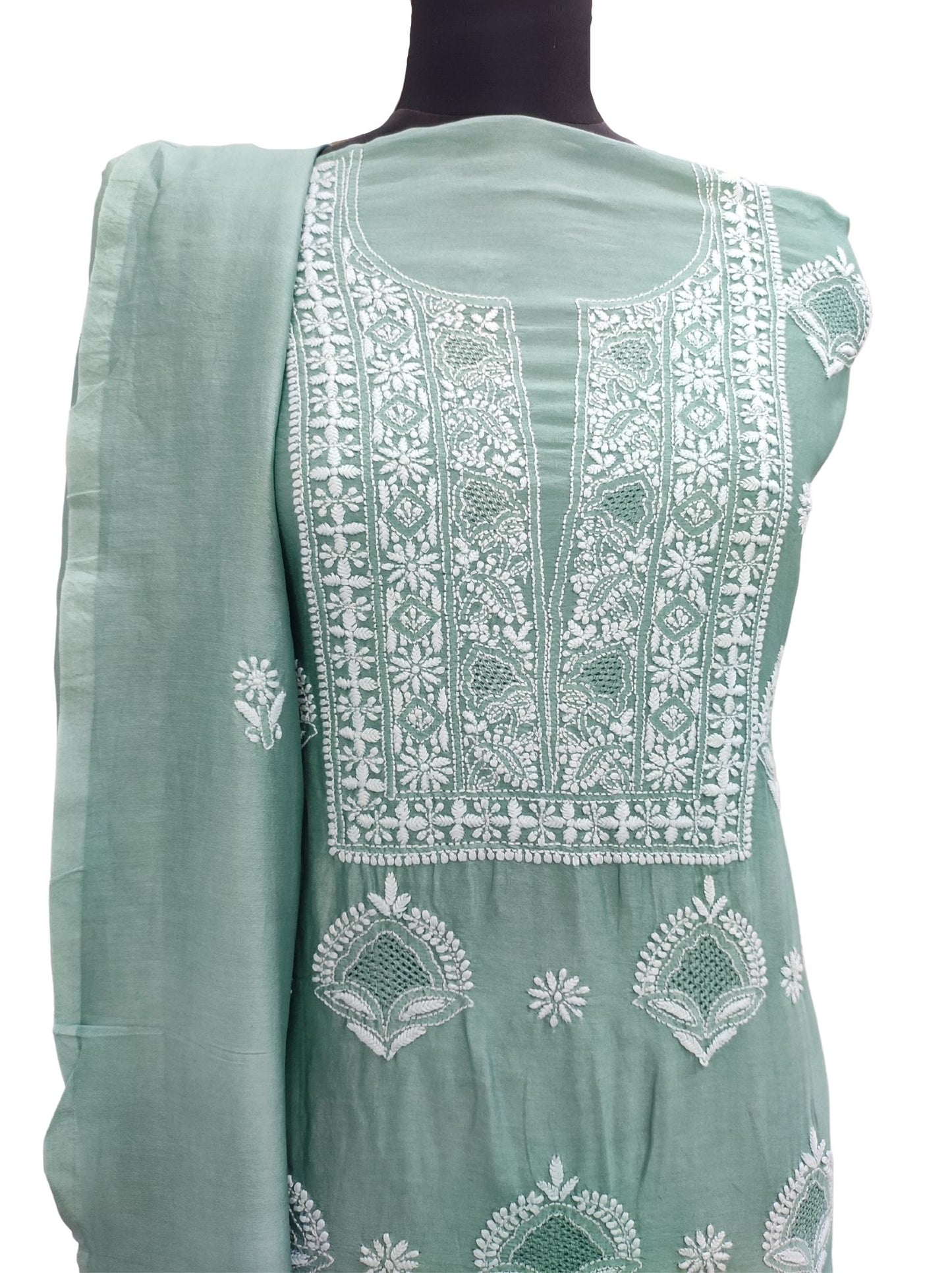 Shyamal Chikan Hand Embroidered Green Pure Chanderi Silk Lucknowi Chikankari Unstitched Suit Piece ( Set of 2 ) With Jaali Work - S12596 - Shyamal Chikan
