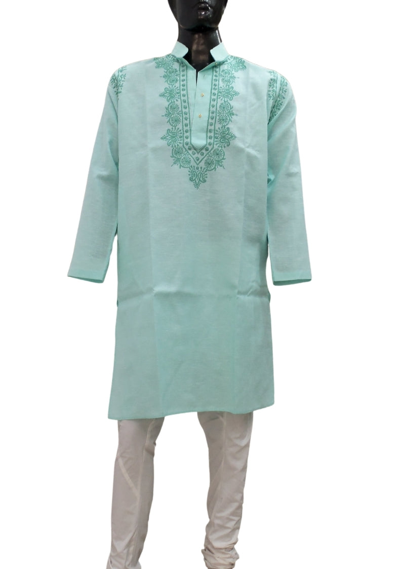 Shyamal Chikan Embroidered Green Cotton Lucknowi Chikankari Men's Kurta – S1374