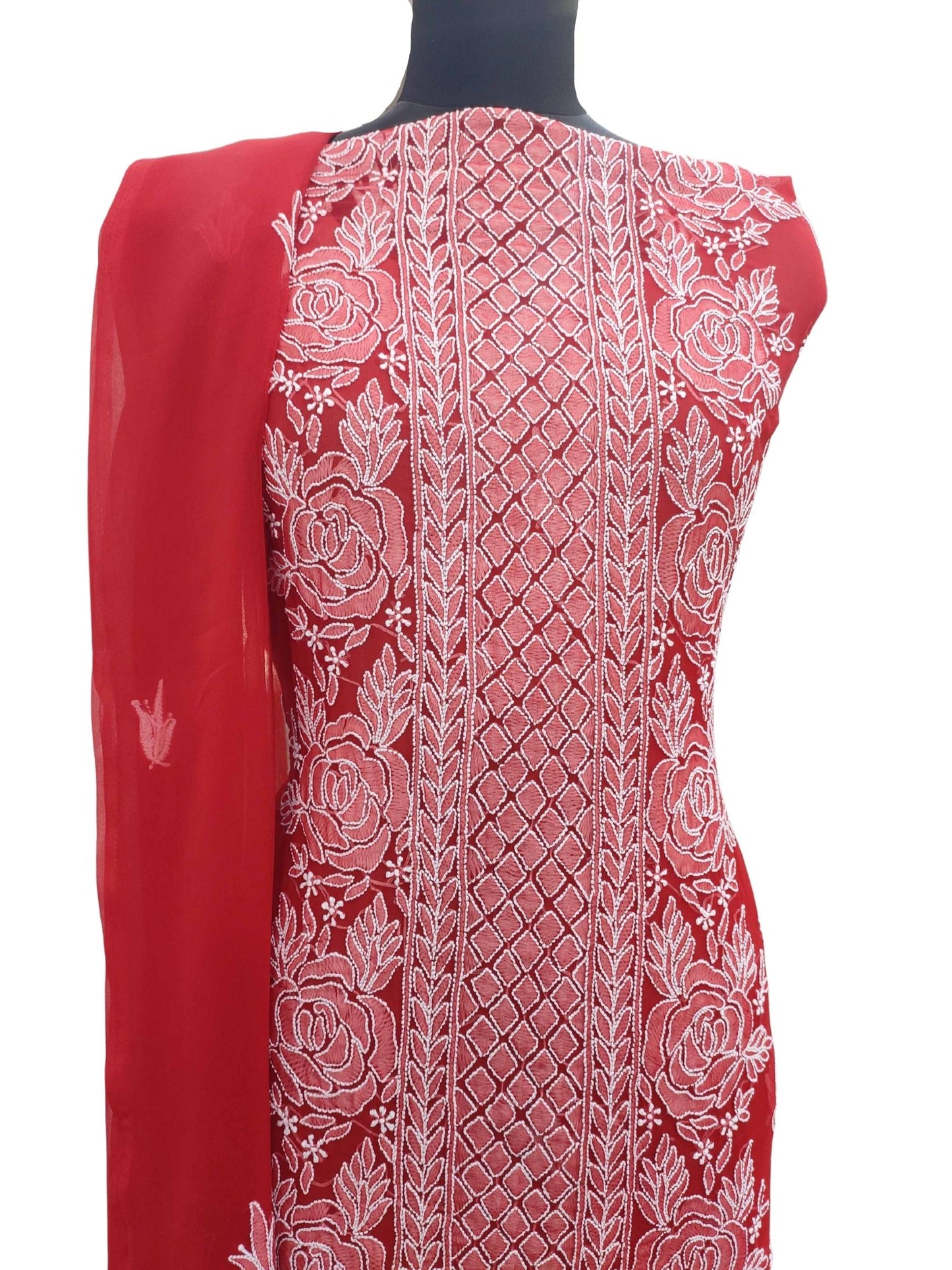 Shyamal Chikan Hand Embroidered Red Georgette Lucknowi Chikankari Unstitched Suit Piece- S11581