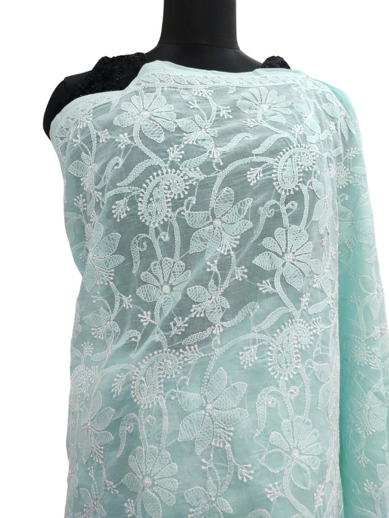 Shyamal Chikan Hand Embroidered Sea Green Cotton Lucknowi Chikankari Full Jaal Saree With Blouse Piece- S14474