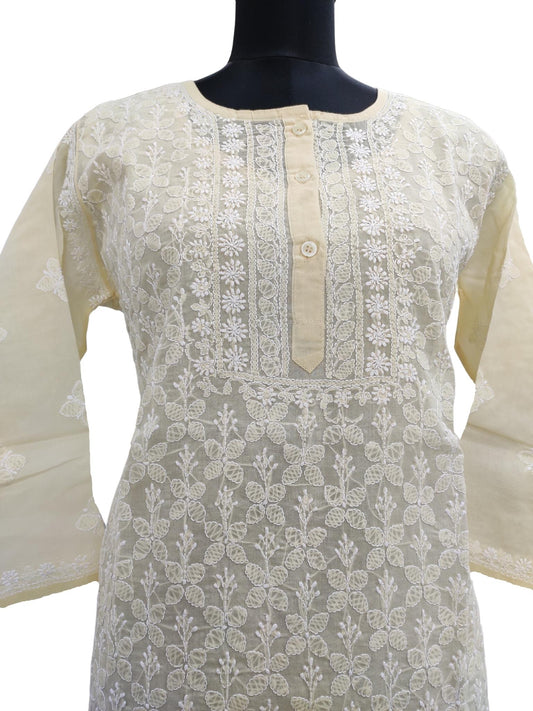 Shyamal Chikan Hand Embroidered Beige Cotton All-Over Lucknowi Chikankari Short Top - S15727