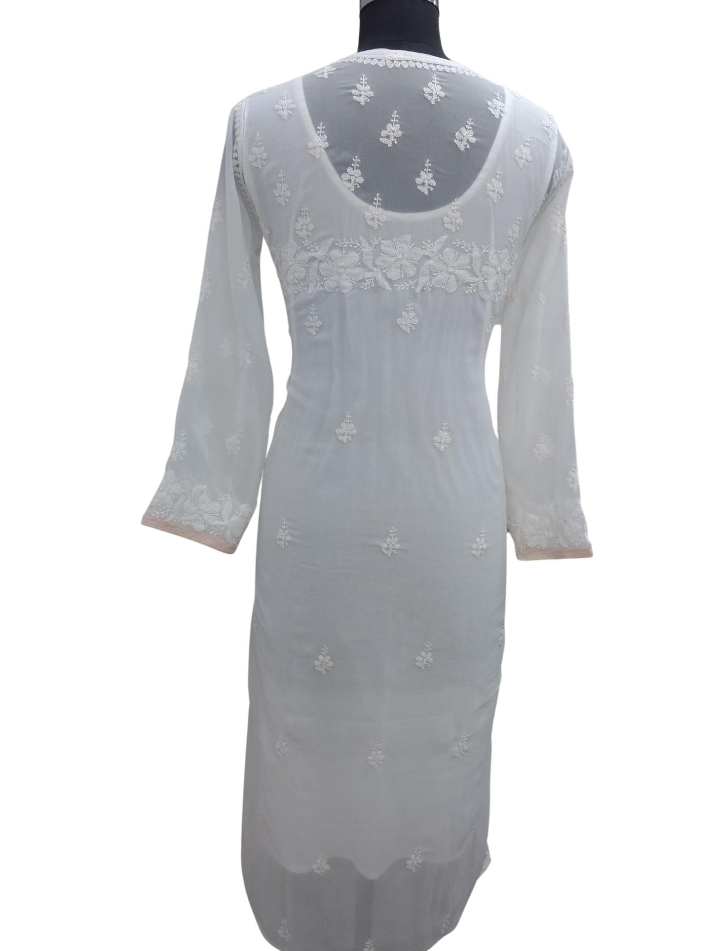 Shyamal Chikan Hand Embroidered White Georgette Lucknowi Chikankari Kurti - S8166