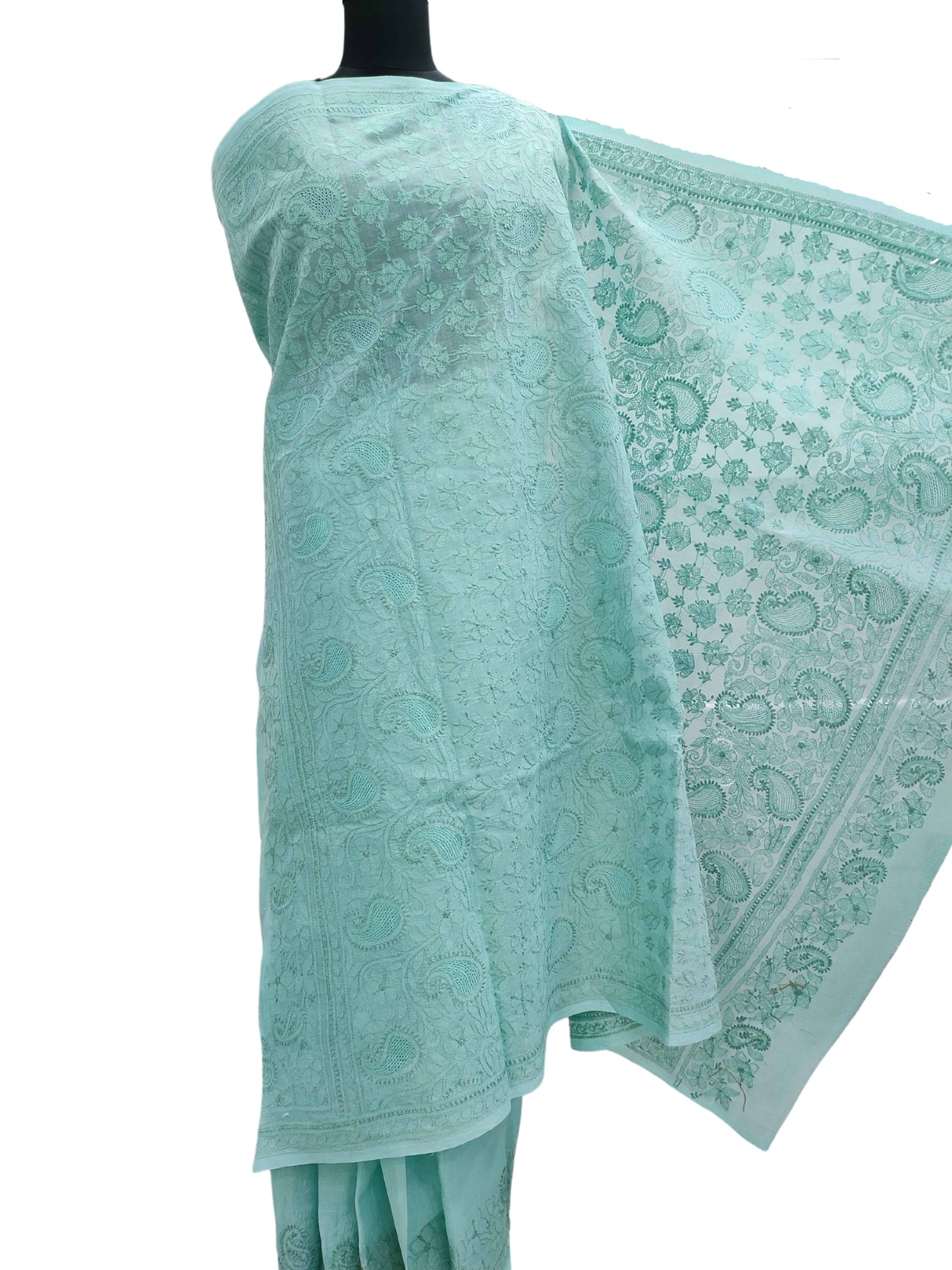 Shyamal Chikan Hand Embroidered Blue Cotton Lucknowi Chikankari Heavy Palla Saree With Blouse Piece-S11945