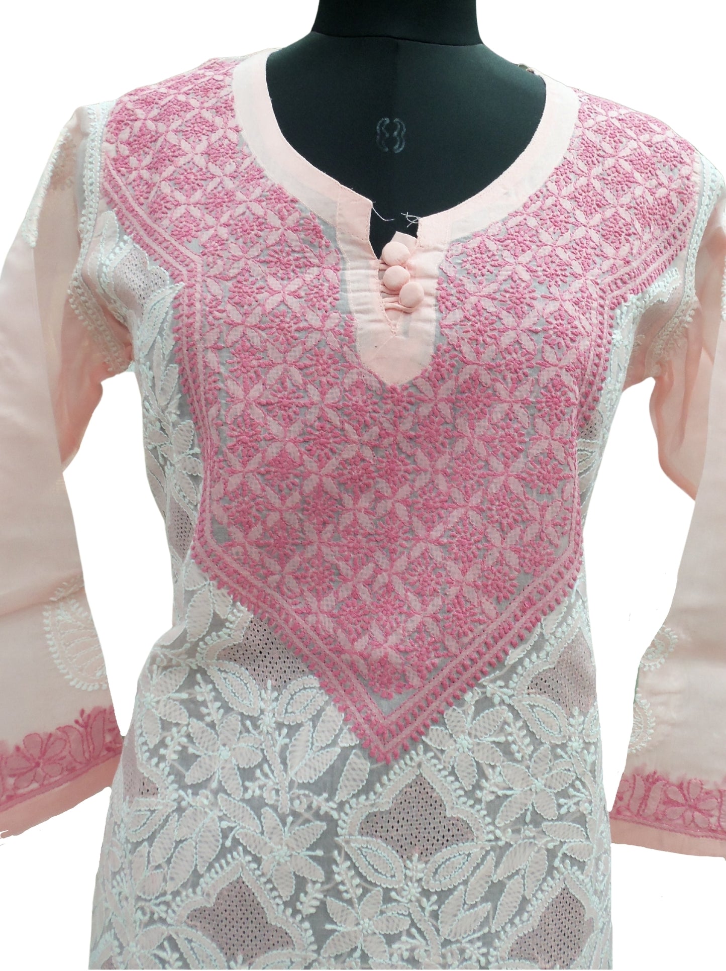 Shyamal Chikan Hand Embroidered Pink Cotton Lucknowi Chikankari Kurti With Jaali Work- S3116