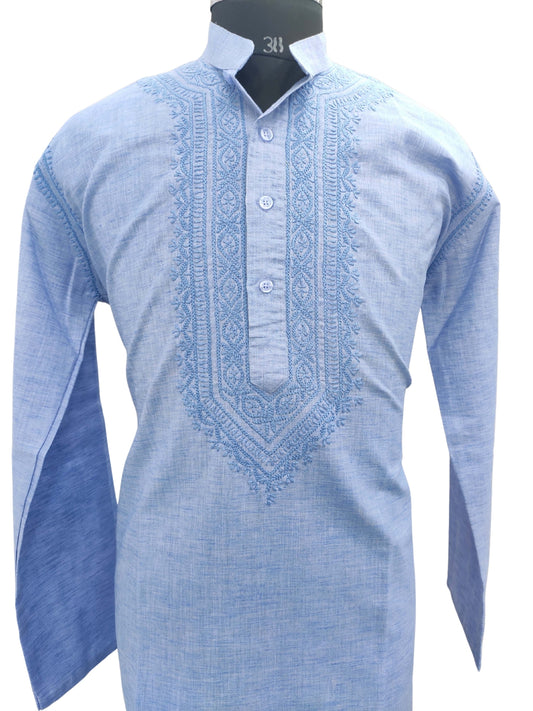 Shyamal Chikan Hand Embroidered Blue Cotton Lucknowi Chikankari Men's  Kurta – S11840