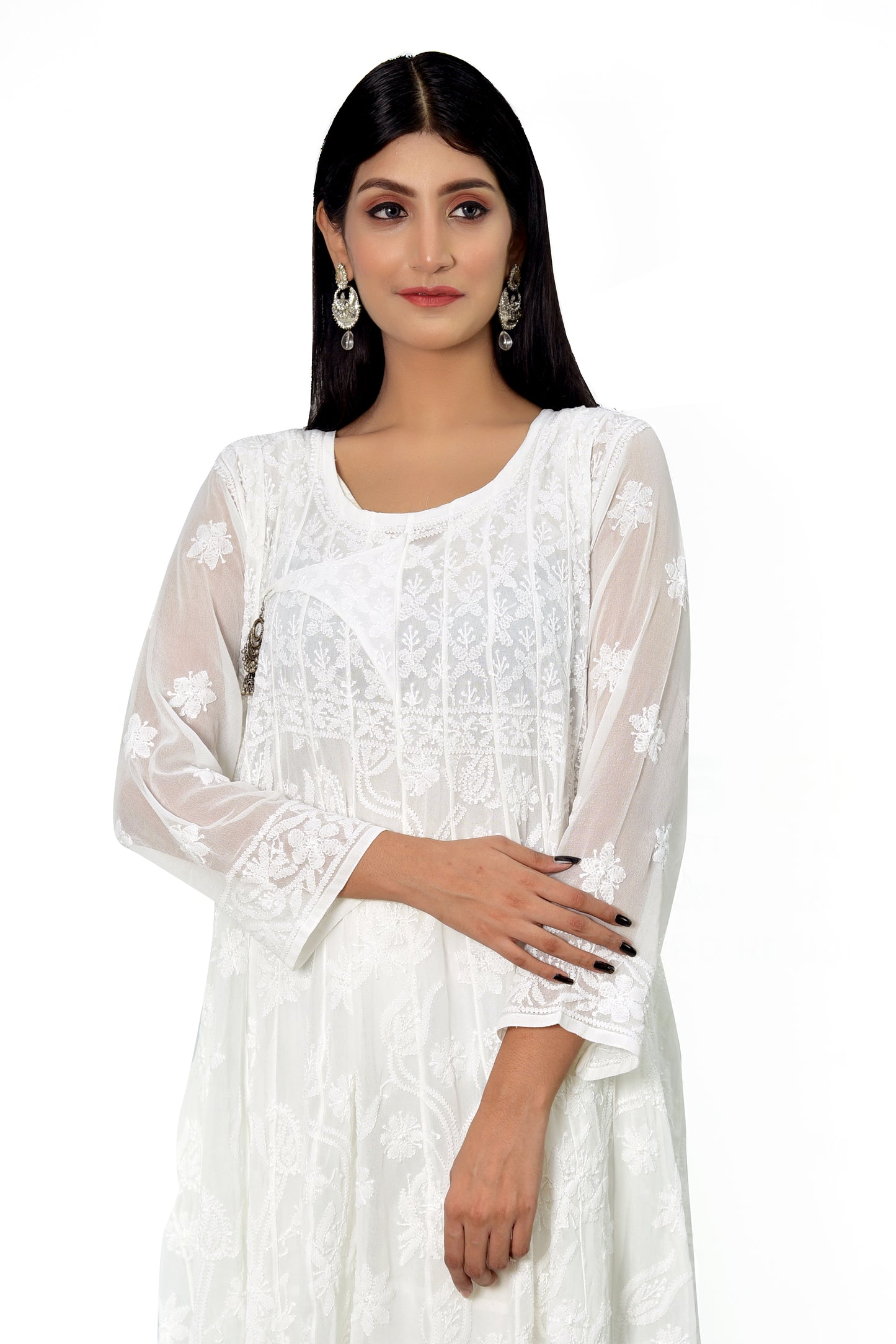 Shyamal Chikan Hand Embroidered White High Quality Georgette Lucknowi Chikankari Anarkali - S10976