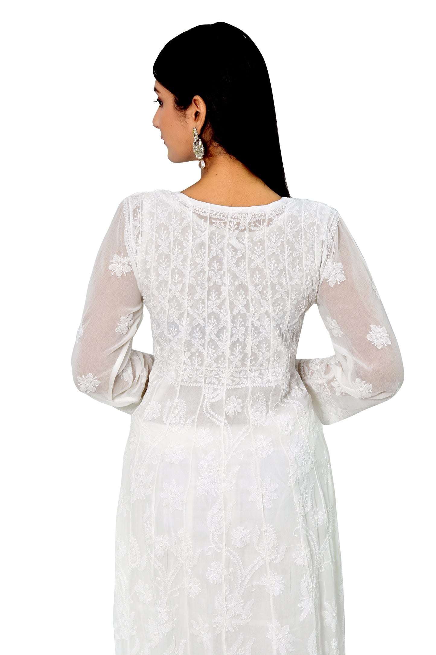 Shyamal Chikan Hand Embroidered White High Quality Georgette Lucknowi Chikankari Anarkali - S10976
