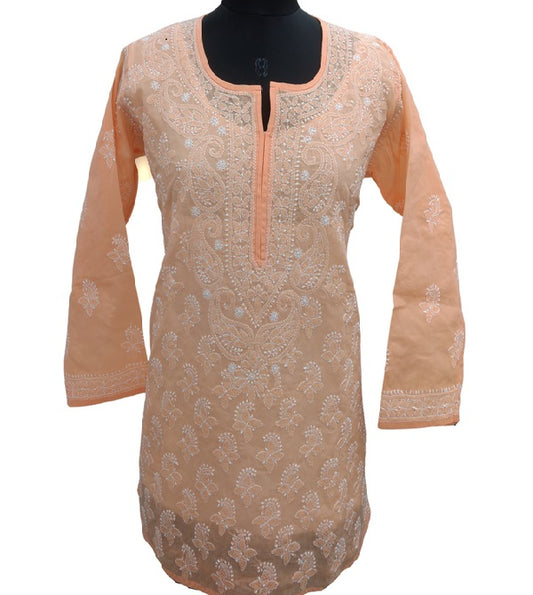 Shyamal Chikan Hand Embroidered Peach Cotton Lucknowi Chikankari All Over Short Top- S8322