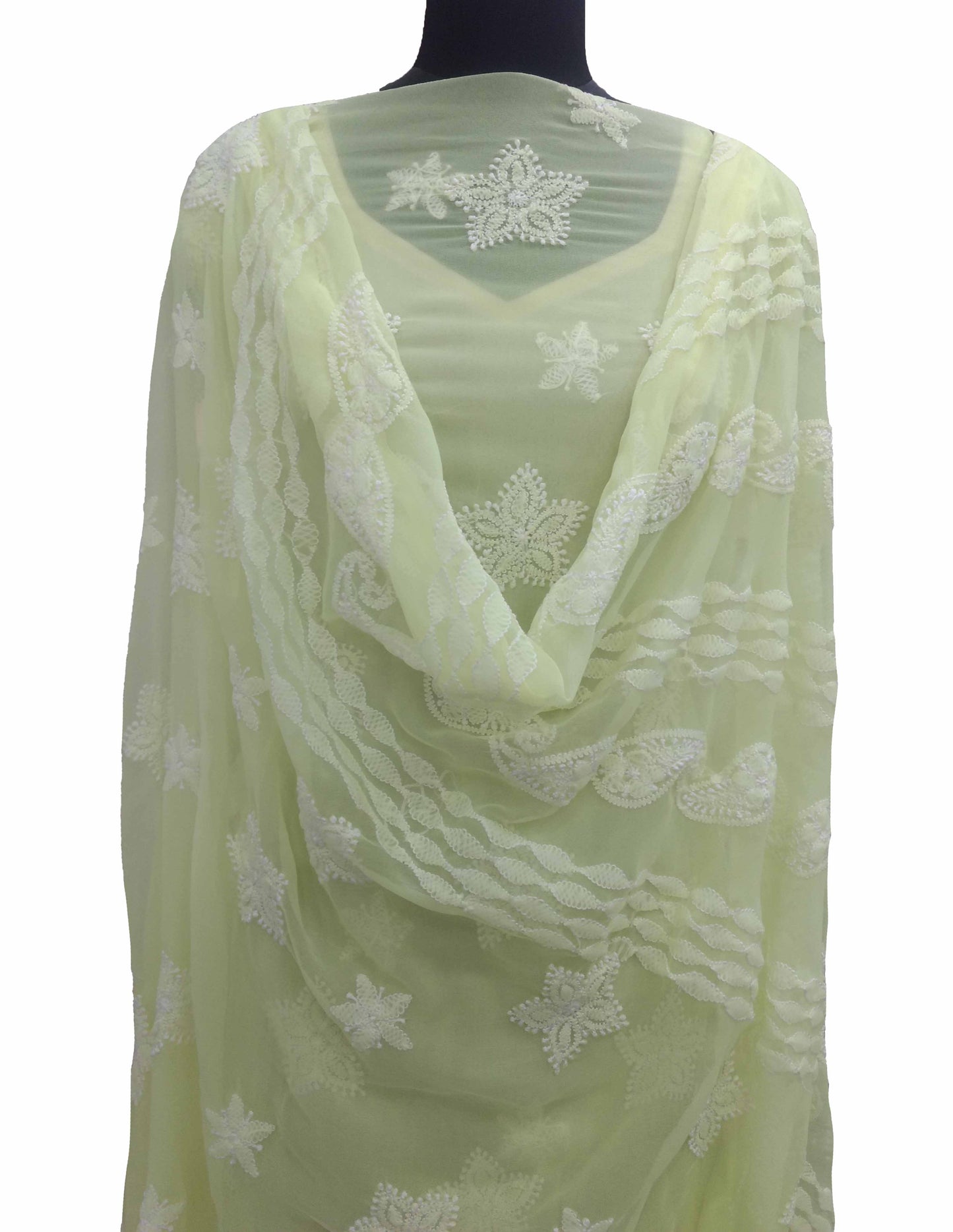Shyamal Chikan Hand Embroidered Lemon High Quality Georgette Lucknowi Chikankari Unstitched Suit Piece With Heavy Dupatta- S7905