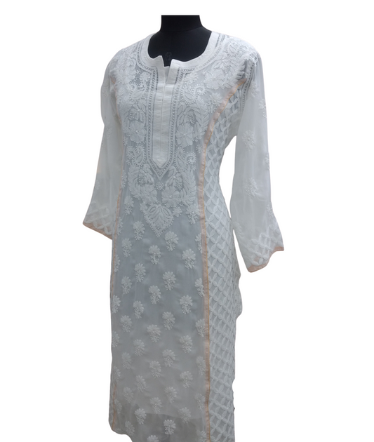 Shyamal Chikan Hand Embroidered White Georgette Lucknowi Chikankari Kurti - S8108