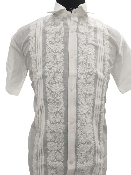Shyamal Chikan Hand Embroidered White Cotton Lucknowi Chikankari Men's Shirt With Pintex Work –S10589 