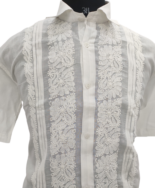Shyamal Chikan Hand Embroidered White Cotton Lucknowi Chikankari Men's Shirt With Pintex Work – S10586