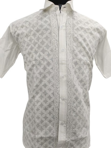 Shyamal Chikan Hand Embroidered White Cotton Lucknowi Chikankari Men's Shirt – S12476